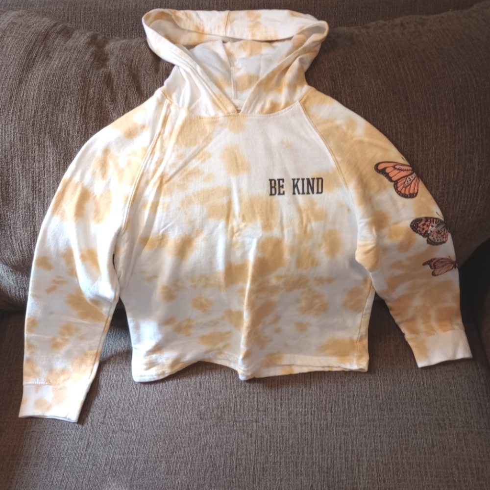 Love peace and lipgloss girls hoodie, size 14, yellow